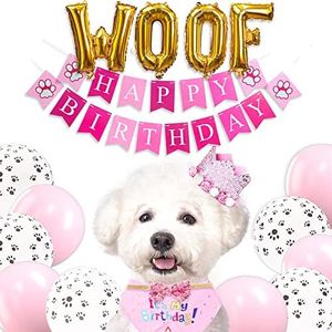 PartyWoo Dog Birthday Party Supplies, Dog Birthday Bandana, Birthday Hat, Birthday Banner, Dog Balloons, 15 pcs Pink Dog Party Decorations, Party Supplies, Dog Birthday for Small Medium Dogs Pet