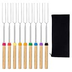 Marshmallow Roasting Sticks, 9 Pack Stainless Extendable Forks with Wooden Handle, Hot Dog Smores Skewers Kids Safe Barbecue Forks for Campfire, Bonfire and Grill (32 Inch)