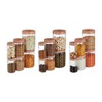 Amazon Brand - Solimo Checkered Jar Container, Set of 18 (6 pcs x 250 ml Each, 6 pcs x 500 ml Each, 6 pcs x 1000 ml Each) | Air Tight |Kitchen Organiser | BPA Free | Stackable, Plastic, Choco/Brown