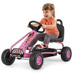 Costzon Kids Pedal Go Kart, 4 Wheel Pedal Powered Ride On Toys, Outdoor Racer Pedal Car with Adjustable Seat, Handbrake & Non-Slip Wheels, Pedal on Foot on Kart Gift for Boys Girls (Pink)