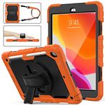 SEYMAC stock Case for iPad 9th/8th/7th Generation 10.2'', [Full-Body] Drop Proof Armor Case with 360° Rotating Stand [Pencil Holder][Screen Protector] Hand Strap, Black+Orange