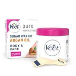 Veet Hot Wax Kit, Argan Oil, 250ml, Sugar Wax Hair Removal Kit, Warm Wax, Facial Hair Remover For Women, Wax Strips, Dermatologist Tested, Smooth Skin, Waxing, Hair Removal