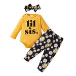 puseky Little Sister Clothes 12-18 Months Baby Girl Long Sleeve Romper Top + Daisy Pants + Headband 3Pcs Outfit Set