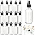 CycleMore 120ml 16 Pack 4oz Clear Glass Spray Bottles with Fine Mist Sprayers, Glass Travel Bottles for Cosmetic, Essential Oils, Perfumes & More Liquids (1 Brush, 2 Funnels and 24 Labels Included)