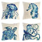 Ocean Beach Throw Pillow Covers Set of 4 Turtle Crab Seahorse Fish Decorative Sea Coastal Theme Decor Cushion Square Pillowcase 45x45cm Beach Pillows for Patio Couch Sofa,Marine Animals (2)