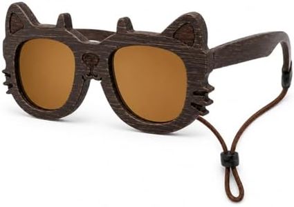 LNOOPZYL Kids Wooden Cat-Shaped Sunglasses with Ears, Wood Frame, Multiple Lens Colors, Ages 2-8, Includes Case, Cloth and Strap (BrownWood-Tea)