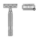 ROCKWELL RAZORS 2C Adjustable Safety Razor for Men & Women | Eco-Friendly & Reusable Shaving Razor | 5 Double Edge Razor Blades made of Pure Swedish Stainless Steel | White Chrome Finish