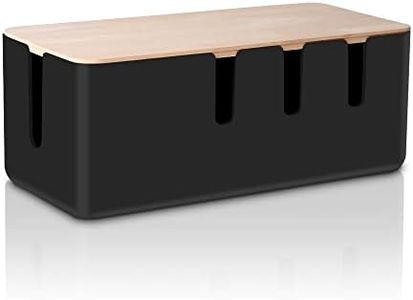 Cable Management Box by Baskiss, Solid Wood Lid, Cord Organizer for Desk TV Computer USB Hub System to Cover and Hide & Power Strips & Cords (Black, Medium)