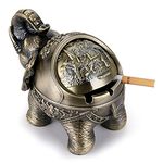 BSTKEY Retro Elephant Ashtray - Large Windproof Zinc Alloy Tabletop Cigarette Cigar Holder with 3 Firm Holders & Lid - Green Bronze (2 Pack Cigarette Butts Capacity)