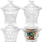 Okllen Set of 4 Candy Dish with Lid, Decorative Glass Candy Bowl Crystal Candy Jar, Embossed Clear Storage Jar Servers for Home, Office, Bathroom, Gifts, 4 Styles