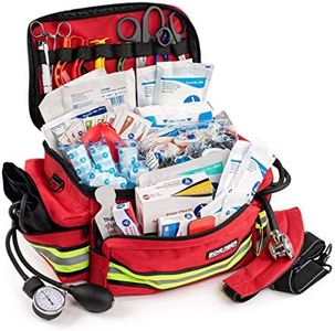 Scherber First Responder Fully-Stocked Professional Essentials EMT/EMS Trauma Kit | HSA/FSA Approved | Reflective Bag w/8 Zippered Pockets & Compartments & 200+ First Aid Supplies - Red