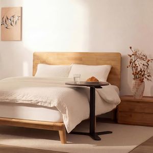 FLEXISPOT Hako Queen Solid Wood Platform Bed Frame & Adjustable Overbed Side Table Set, Storage Headboard with Charging Station, Gas Lift Height End Table for Bed & Sofa, Japanese Minimalist Design
