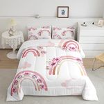 Rose Rainbow Comforter Set Full Romantic Watercolor Pastel Floral Clouds Bedding Set For Girls Teen Women Pink Boho Flowers Couple Down Comforter Bohemian Rainbows Quilt Sets With 2 Pillow Cases