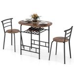 COSTWAY Premium 3 Piece Dining Set, Breakfast Table and 2 Chairs with Metal Frame and Shelf Storage, Compact and Modern Design for Kitchen, Living Room, Office, Bars and Apartment (Brown+Black)