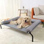 TJSOULER Cooling Elevated Dog Bed with Bolster,Portable Washable Raised Dog Cot with Chew Proof Mesh and Metal Frame,No-Slip Rubber Feet for Indoor & Outdoor Use(Grey,L)