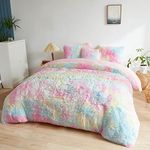 MEGO Rainbow Fluffy Plush Duvet Cover Set, Tie Dye Print Faux Fur Comforter Cover, Soft Multicolor Shaggy Bedding Set for Teens Kids Girls Child, 1 Fuzzy Duvet Cover + 2 Furry Pillowcases, Queen Size