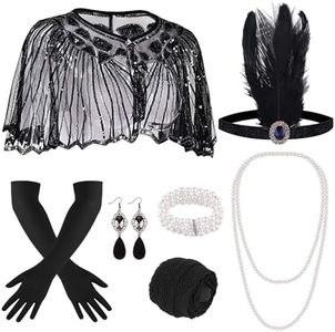 ELECLAND 10 Pieces 1920s Flapper Great Gatsby Accessories Set Fashion Roaring 20's Theme Set with Headband Headpiece Long Black Gloves Necklace Earrings for Women