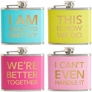 Juvale 4-Pack Stainless Steel 5 Ounce Flask For Women in 4 Designs, Liquor Canteen for Girls Trip Gifts, Wedding, Bachelorette Party Favors, Bridesmaids (Yellow, Blue, Pink, Rose Red)