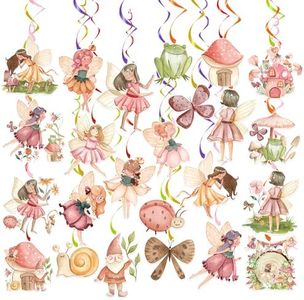 Fairy Party Hanging Swirls Ceiling Decor - NO DIY, 24 Pcs Wonderland Garden Fairy Mushroom Frog Gnome Insect Hanging Decor, Perfect for Whimsical Birthday Baby Shower Celebration Decorations