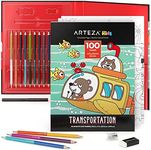 ARTEZA Kids Coloring Book and Colored Pencils Set, Transportation Illustrations, 50 Double-Sided Sheets, 100lb Paper