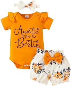 JiAmy Tenues de Vêtements pour Bébé Filles, Ensemble Nouveau-né Body Auntie is My Bestie Barboteuse Manches Courtes Pantalon avec Bandeau 6-9 Mois, Orange