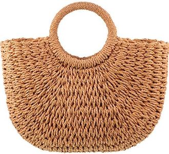 Frienda Straw Tote Bag Summer Beach Bag Handmade Straw Rattan Woven Handbag for Women Travel, Khaki, 12.6 x 7.87 x 8.66 Inch