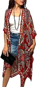 Humble Hilo Long Kimono Cardigan for Women Beach Cover up Casual Loose Prints & Patterns, Red Paisley, One Size