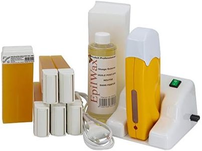 Epilwax Completa Kit Depilazione con Cera de miel con Base Modulare - Incluye 6 Cartuchos de Cera Roll On Recambiables, Calentador De Cera Roll On, 100 Tiras y Aceite de Depilación