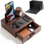 Nightstand Organizer for Men - Wood Phone Docking Station to Charge Your Phone and Organize Your Watch & Accessories - Wood Charging Station with Lined Tray & Drawer - Mens Docking Station Organizer