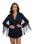 WDIRARA Women's Fringe Trim Long Sleeve Button Front Blazer Cocktail Party Jacket, Black, X-Small