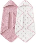 Yoofoss Hooded Baby Towels for Newborn 2 Pack 100% Muslin Organic Cotton Baby Bath Towel with Hood for Babies, Infant, Toddler and Kids,37.5"x37.5", Soft and Absorbent Newborn Essential,Pink&WhiteLeaf