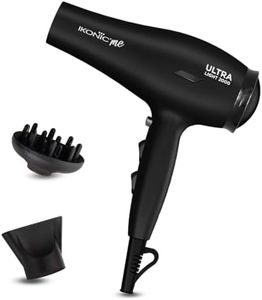 Ikonic Ultralight Professional Hair Dryer 2000 Watts with Nozzle, Diffuser, Hot and Cold Air Feauture, 2 Speed 3 Heat Settings with Cool Shot, Hanging Loop, for both Men and Women, Suitable for all Hair Types, 1 yr Warranty Black