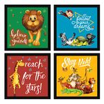 ArtX Set of 4 Cartoons Animals Kids Room Wall Art Painting, Framed Paintings 20 X 20 inches, 10 X 10 each, Multicolor, Synthetic Wood, Set Of 4 Wall Art (Animals-01)