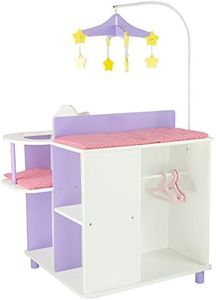 Olivia's Little World Little Princess Baby Doll Two-Sided Wooden Baby Doll Changing Station with Storage Shelves, Closet, Highchair, Changing Table, and Sink, White with Purple and Pink Accents