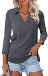 TICTICMISS Womens V Neck Polo Shirts 3/4 Sleeve Collared Tops Business Casual Summer Tops Trendy Loose Dark Gray