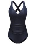 FLYRONG Swimming Consume for Women V Neck One Piece Tummy Control Swimsuits for Women Swimwear, Navy Blue, L (UK16-18)