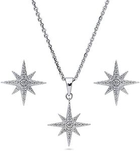 BERRICLE Sterling Silver North Star Cubic Zirconia CZ Necklace and Earrings Set for Women, Rhodium Plated, Sterling Silver Cubic Zirconia, Cubic Zirconia