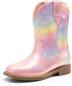 DREAM PAIRS Toddler Little Girls Kids Cowboy Boots Kids Western Square Toe Riding Mid Calf Boots,Size 12 Little Kid,Pink/rainbow,SDBO2307K