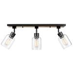 Globe Electric 59798 Griffith 25" 3 Track Lighting, Faux Wood Finish, Matte Black Accents, Clear Glass Shades