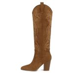 WIRALOMI Women Western Knee High Boots Embroidered Chunky Block Heel Cowboy Boots Pointed Toe Pull on Cowgirl Boots, Brown, 7 US