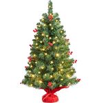 Yaheetech 3ft/90cm Prelit Tabletop Mini Christmas Tree with LED Warm Toned Lights Portable Holiday Decoration Artificial Tree with Red Berries 1Pack