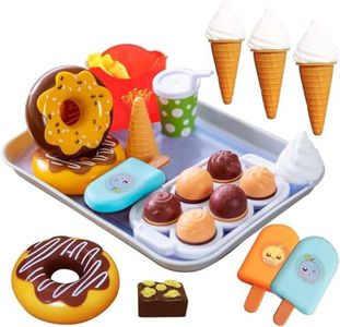 FUNERICA Pretend Play Ice Cream and Desserts Toy Food Set with Realistic Fake Donuts, Popsicles, Cupcakes, Fries, and Tray, Kids Kitchen Accessories Set, for Toddlers, Boys and Girls