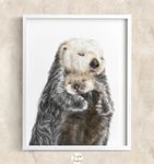 Triple Studio Sea Otter Mom and Cub Art Print, Cute Baby Painting, Best Mom Gift, Boy Neutral Nursery Cute Ocean Minimalist Wall Art, UNFRAMED, Signed by Artist (12x16 Inches)