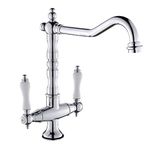 Traditional Kitchen Sink Mixer Tap Double Handle Solid Brass Kitchen Tap Antique Chrome Brass Georgian Classic Faucet (Chrome)