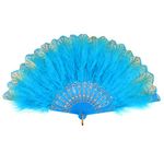 MWOOT Marabou Feather Fan, 1920s Embroidered Flower Handheld Feather Fan, Roaring 20s Vintage Style Flapper Hand Fan for Costume Halloween Dancing Show Tea Party Wedding Decoration - Blue