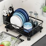 GAOKASE Dish Drying Rack, Compact Dish Racks for Kitchen Counter, Space-Saving Dish Drainer Drying Rack with Drainboard, Utensil Holder and Adjustable Swivel Spout, Black