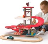 Letoiz Toy Car Garage with Rails, Wooden Parking Garage Toy Playset w/Elevator, Toddler Race Car Ramp Track Toy Set with 4 Mini Cars for Old Boys and Girls Kids Ages 3+ Birthday Gift Christmas