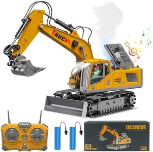 XIKERAY Remote Control Excavator Toys for Ages 6-12 Boys, 13 Channel RC Excavator Construction Toys with Metal Shovel, Spray, Lighting, Sounds, Birthday Gifts for Kids 5-7 8 9 10 11 Year Old