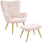 Yaheetech Boucle Armchair with Footstool Set, Sherpa Fuzzy Tub Chair Lounge Chair with High Back and Ottoman Footstool for Living Room Bedroom Study, Pink