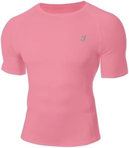 Roadbox Compression Shirt Men Short Sleeve, Cool Dry Base Layer Athletic Undershirts, Workout T-Shirt for Sports Gym Running Pink
